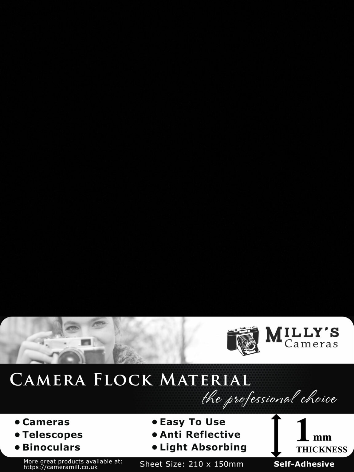 Camera Flock Material Solid Black Sheet Milly's Cameras