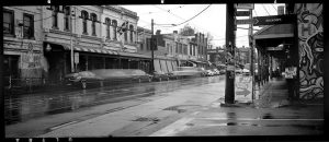 A black and white photograph from the Fac 1 film camera. A hand made panoramic film camera by Lee Lira