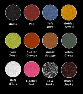 A variety of camera coverings in different colours. The colour chit includes black, buff white, red, yale blue, lime green, safari green, burnt orange, sunset orange, bubblegum pink, black and white snake and red and black snake.